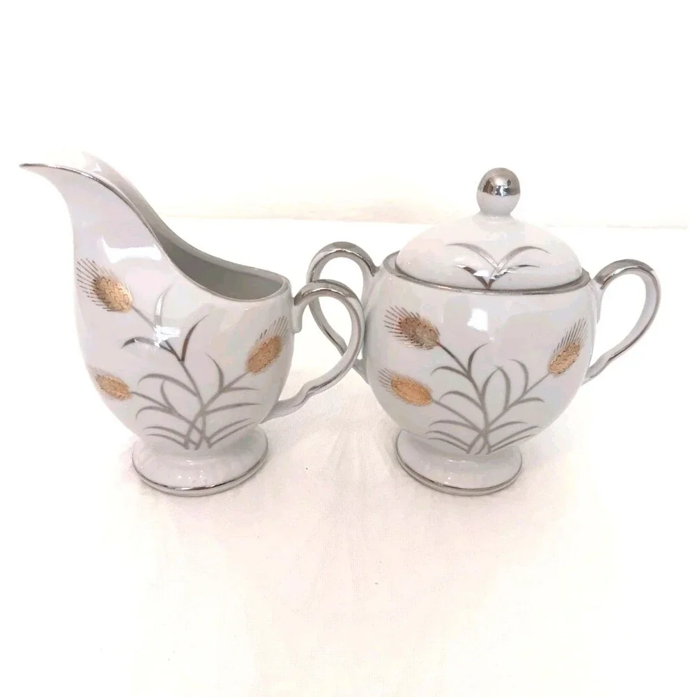 Norcrest Fine China GW-17 Sugar Bowl Lid & Creamer Set Wheat Gold Platinum Trim